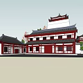 Traditional Chinese Ancient Architecture Featuring Red Exterior Black Roof Curved Eaves And Stone Steps