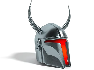 Futuristic Silver Warrior Helmet With Spiked Horns And Red Visor Detail 3d model