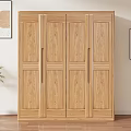 Modern Interior Natural Wooden Four Door Wardrobe Simple Design With Potted Plant Wall Art