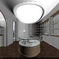 Elegant Jewelry Store Interior With Round Glass Display Counter Shelves And Displayed Jewelry