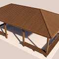 Wooden Garden Pavilion With Brown Roof And Benches On White Platform