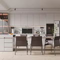 Modern Restaurant Kitchen Design With White Cabinets Island Counter And Dining Chairs