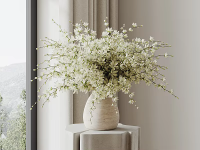 White Flowers in Beige Vase on Small Table with Tablecloth by Window with Mountain View 3d model