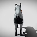 A gray and white horse with black spots brown saddle white mane and black tail