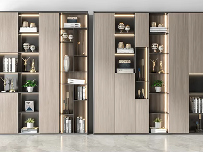 Modern Wooden Bookcase With Layered Shelves Books Decorative Items Trophies And Lighting 3d model
