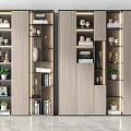 Modern Wooden Bookcase With Layered Shelves Books Decorative Items Trophies And Lighting