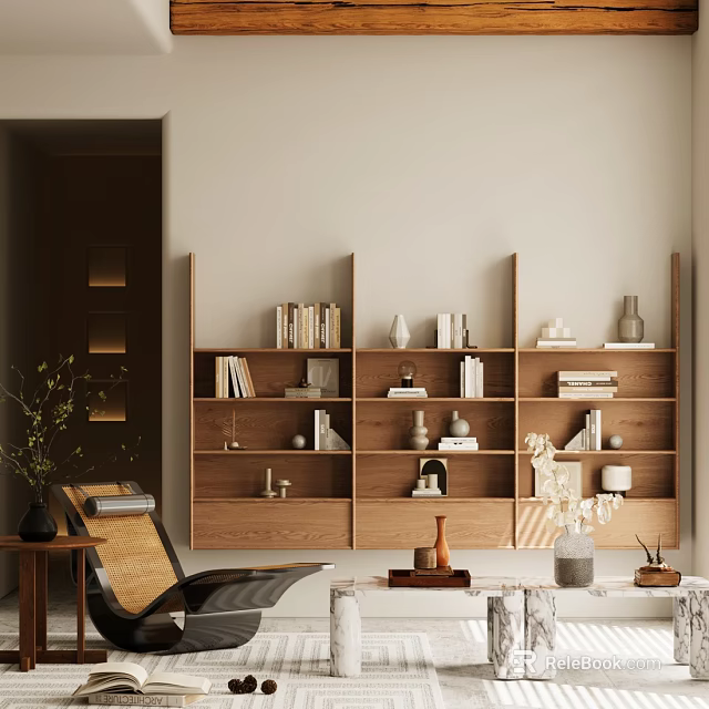 Minimalist Wooden Bookshelf Interior With Multiple Shelves Books Decorative Vases And Chair 3d model 