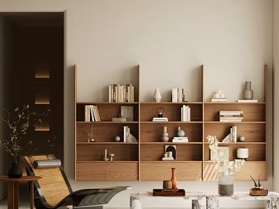 Minimalist Wooden Bookshelf Interior With Multiple Shelves Books Decorative Vases And Chair 3d model