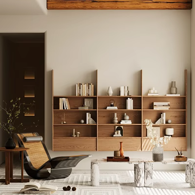 Minimalist Wooden Bookshelf Interior With Multiple Shelves Books Decorative Vases And Chair 3d model