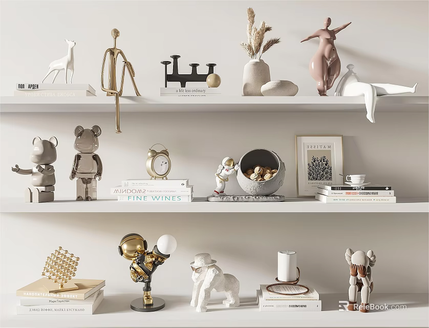 Modern Decorative Ornament Set With Animal Shaped Figures Human Sculptures Vases And Books On Shelves 3d model 