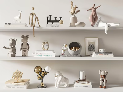 Modern Decorative Ornament Set With Animal Shaped Figures Human Sculptures Vases And Books On Shelves 3d model