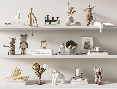 Modern Decorative Ornament Set With Animal Shaped Figures Human Sculptures Vases And Books On Shelves 3d model
