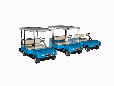 Three Blue Golf Carts with Canopies and Beige Seats for Resort Transportation 3d model