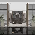 Modern Interior Space With Dining Table Chairs Wine Rack And Decorative Plants 3d model