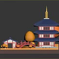 Traditional Asian Pagoda Building With Blue Roof And Orange Trees Around Red Bridge And Pond