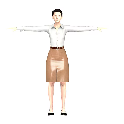 Woman Posing in White Shirt and Brown Leather Skirt with Arms Outstretched 3d model