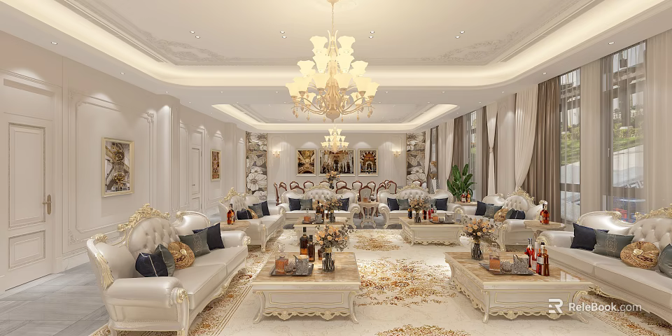 Luxurious Hotel Lobby Interior With Chandelier White Sofas And Decorative Paintings 3d model 
