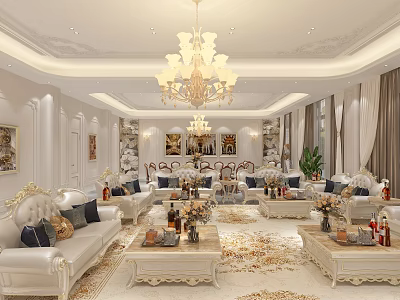 Luxurious Hotel Lobby Interior With Chandelier White Sofas And Decorative Paintings 3d model