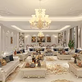 Luxurious Hotel Lobby Interior With Chandelier White Sofas And Decorative Paintings
