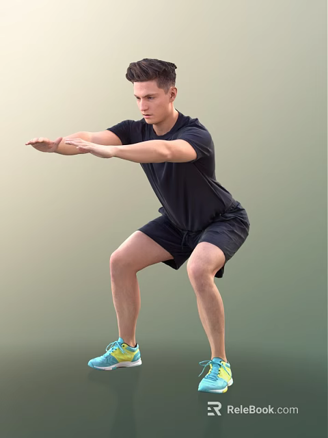A Man Squatting In Black T Shirt And Shorts Doing Fitness Workout Exercise 3d model 