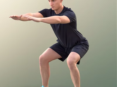 A Man Squatting In Black T Shirt And Shorts Doing Fitness Workout Exercise 3d model