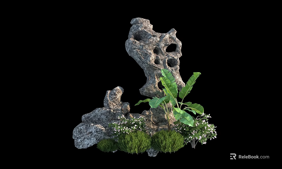 Rockery Stone Decoration With Green Plants Banana Leaves Small White Flowers And Shrubs 3d model 