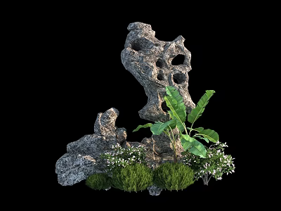 Rockery Stone Decoration With Green Plants Banana Leaves Small White Flowers And Shrubs 3d model