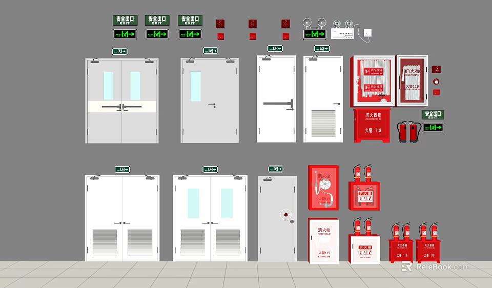 Complete Fire Equipment Setup With Exit Signs Fire Doors Cabinets And Extinguishers 3d model 