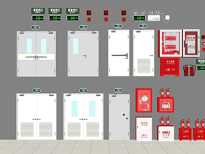 Complete Fire Equipment Setup With Exit Signs Fire Doors Cabinets And Extinguishers 3d model