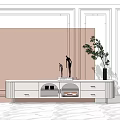 Modern TV Stand With Drawers Open Compartments And Potted Plant On Marble Floor