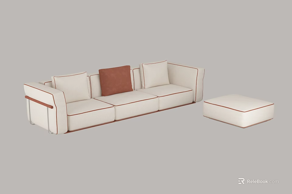 Modern Beige Sofa Set With Brown Cushion And Ottoman Stool 3d model