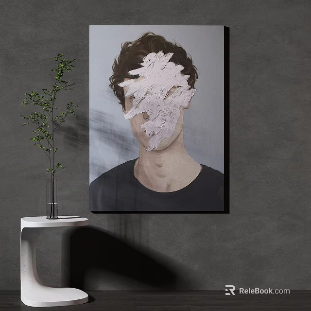 Male Portrait Painting With Torn Paper Covering Face On Gray Wall Small White Table Green Plant Vase 3d model 