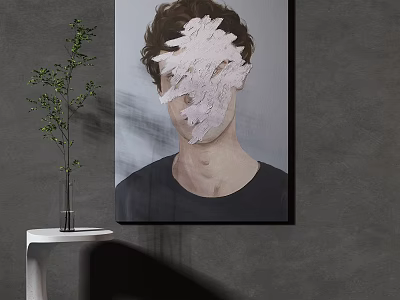 Male Portrait Painting With Torn Paper Covering Face On Gray Wall Small White Table Green Plant Vase 3d model