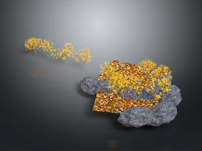 Wood And Stone Natural Landscape With Yellow Leaf Trees And Rocks 3d model