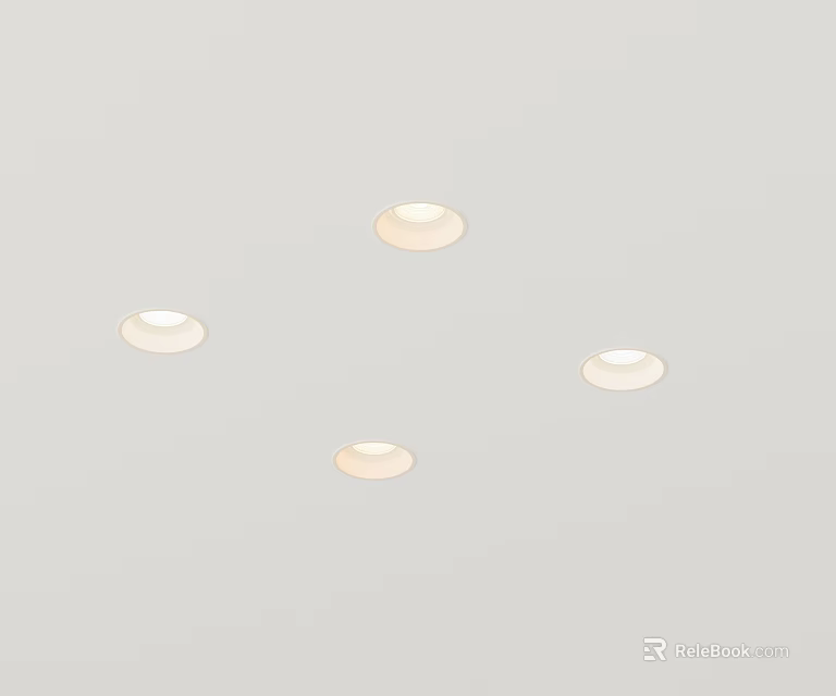 Four Evenly Arranged White Recessed Spotlights On Ceiling Emitting Warm Light 3d model 