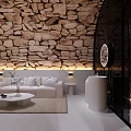 Cozy Hotel Room Interior Featuring Stone Arch Ceiling White Beds Built-in TV And Soft Lighting