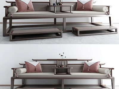 Traditional Chinese Style Arhat Bed With Dark Wooden Frame Pink Cushions And Footstool 3d model