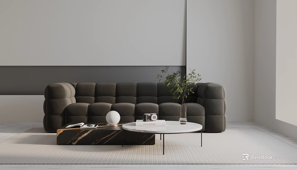 Modern Dark Gray Velvet Three Seater Sofa With Round Coffee Table And Green Plant Decor 3d model 