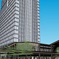 Modern Commercial Street With High Rise Buildings Low Rise Structures And Green Spaces