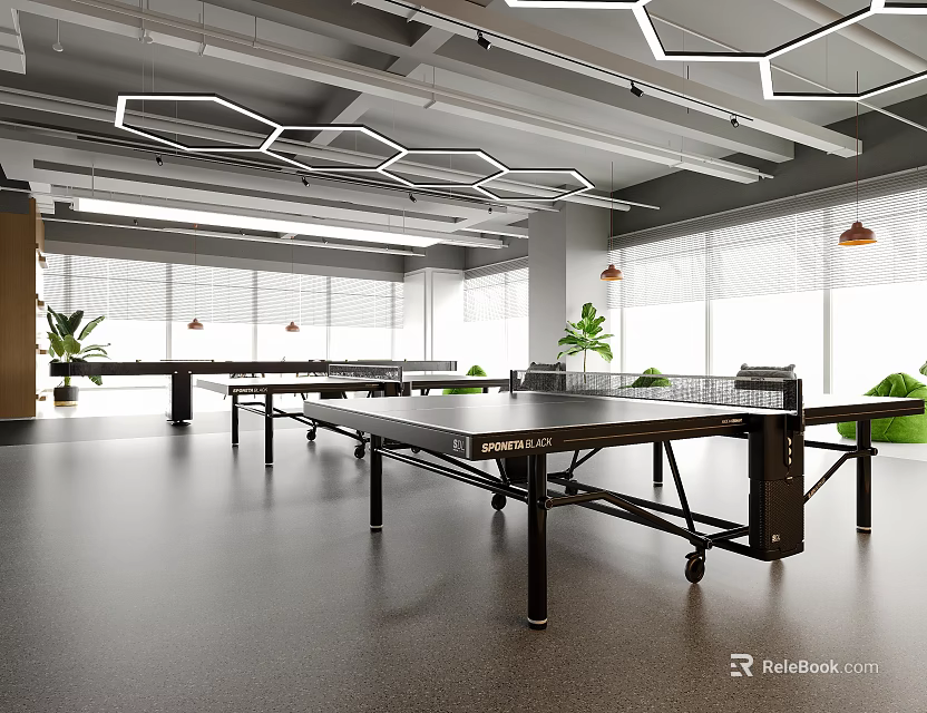 Indoor Table Tennis Space With Modern Tables Lighting And Plants 3d model 