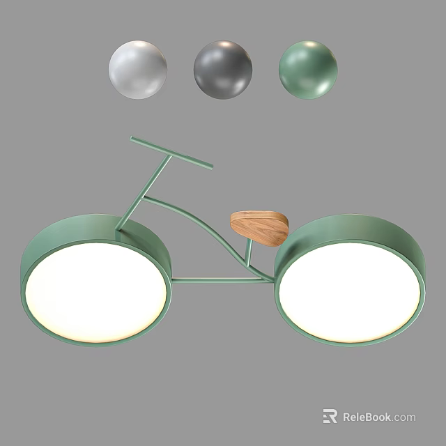 Bicycle Shaped Ceiling Light with Green Frame Wooden Accent Round Lamps and White Light 3d model 