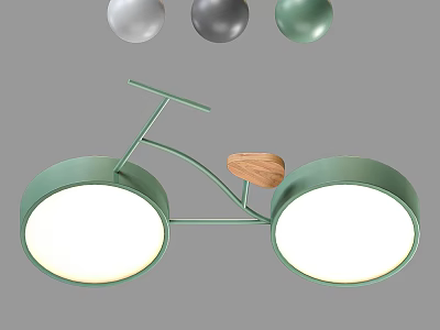 Bicycle Shaped Ceiling Light with Green Frame Wooden Accent Round Lamps and White Light 3d model