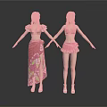Two 3D Female Characters With Pink Tops Red Long Skirt And Pink Short Skirt