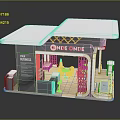 Modern Exhibition Booth With White Roof Wooden Lattice And Interior Tables Chairs
