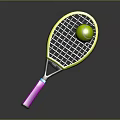 Tennis Racket with Yellow Frame Pink Handle and Green Tennis Ball on Dark Background