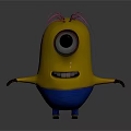 Game And Movie Character With Yellow Body Large Eye Pink Hair Blue Pants Smiling Expression