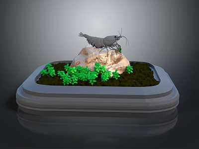 Shrimp Perched On Rock With Green Plants In Miniature White Base Landscape 3d model