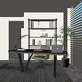 Study Room Interior With Wooden Shelf Letter R Books Desk Green Chair Laptop Potted Plant