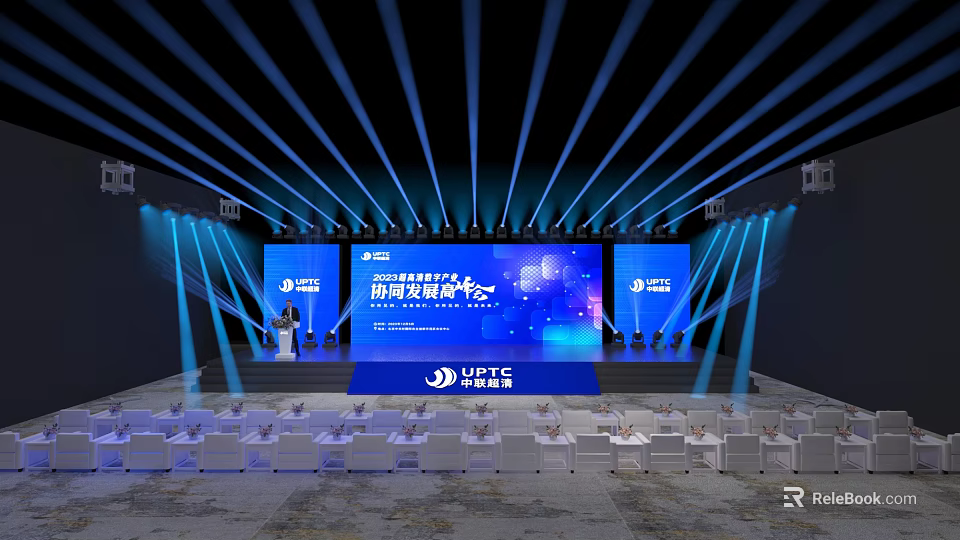 Modern Event Stage Design With Blue Lighting Large Screens And Audience Seats 3d model 