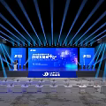 Modern Event Stage Design With Blue Lighting Large Screens And Audience Seats